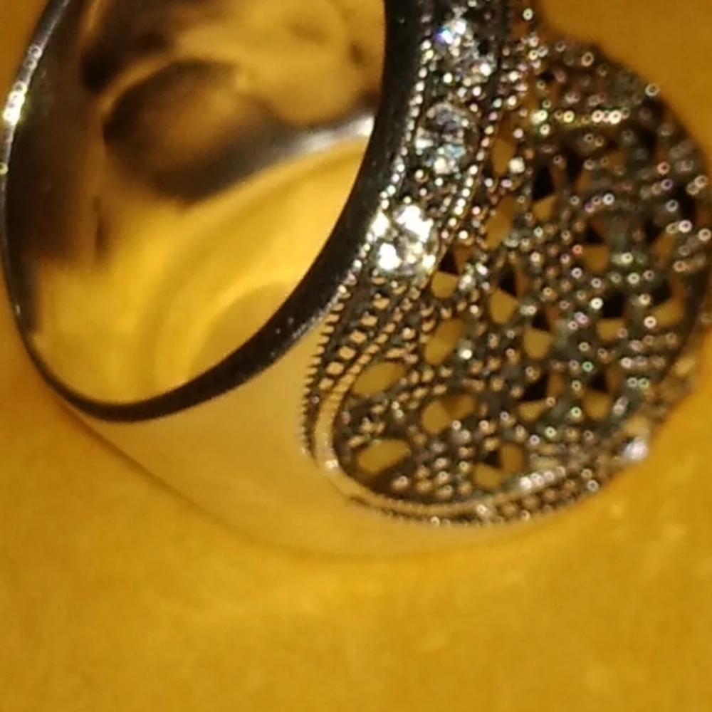 Big Vintage Sterling & Marcasite Ring, multi Row of Black&whi Diamond  Wide Band - Picture 8 of 10